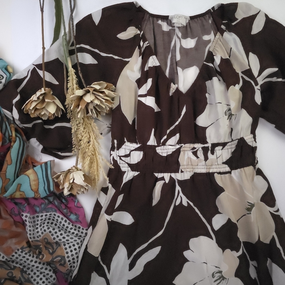 Loft Floral Brown and Cream Dress Small Petite Maxi - Picture 2 of 11